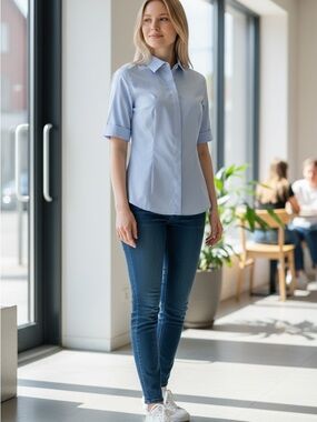 Talbots Blue Contemporary Button Cuff Short Sleeve Hidden Button Front Shirt 6